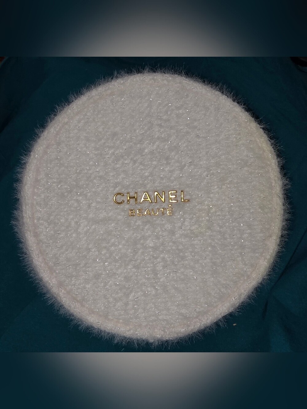 CHANEL White Round 2024  Cosmetic Bag with Gold Logo And Products